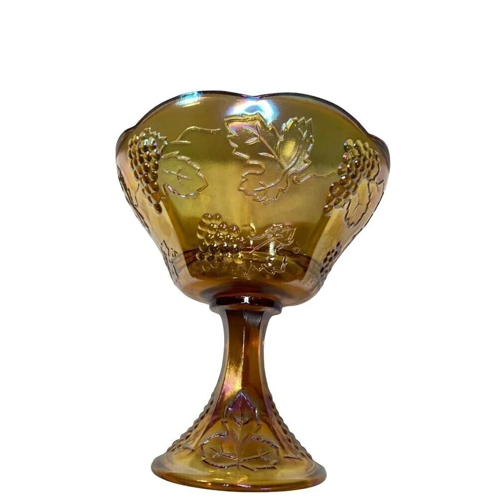 Vintage Amber Marigold CARNIVAL GLASS‎ Compote Pedestal BOWL Iridescent Grapes